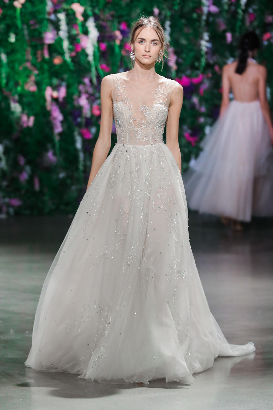 <p>Semi-sheer gown with delicate embellishments. (Photo: Courtesy of Galia Lahav Haute Couture) </p>