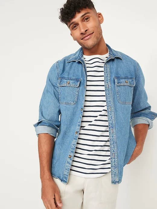 Best mens denim jacket Old-Navy-Gender-Neutral-Long-Sleeve-Jean-Workwear-Shirt-for-Adults 