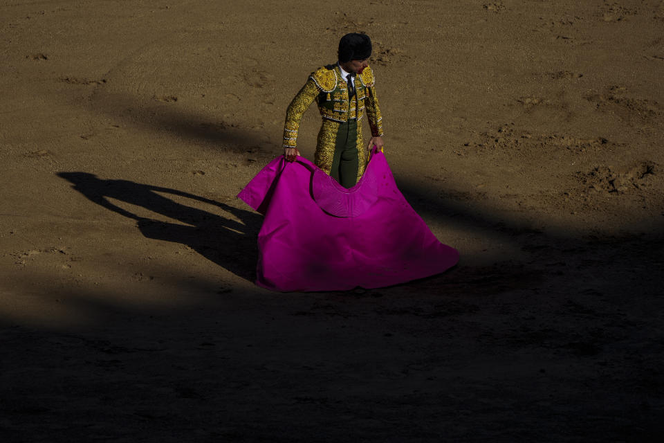 French bullfighter Yon Lamothe prepares to perform with Fuente Ymbro ranch fighting small bull at Las Ventas bullring in Madrid, Spain, Sunday, March 26, 2023. Those aged over 75 were the least likely to attend. While bullfighting is nowhere close to drawing the crowds of half a century ago, it remains an important, if divisive, symbol of Spanish identity in the country's south and central regions. (AP Photo/Manu Fernandez)