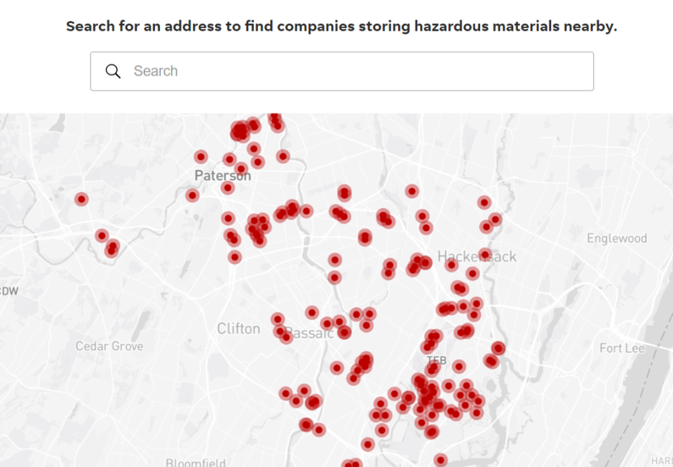 Interactive map of 159 sites in parts of Bergen and Passaic counties that store hazmats on site.