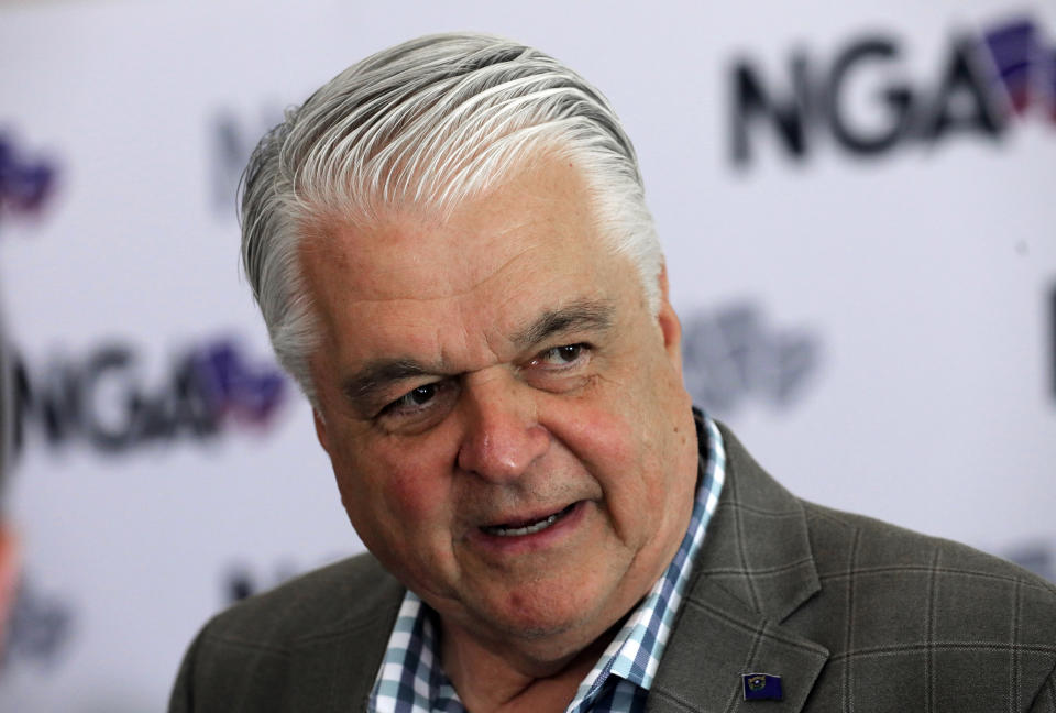 FILE - This July 24, 2019 file photo shows Nevada Gov. Steve Sisolak speaks during a news conference at the summer meeting of the National Governors Association in Salt Lake City. Sisolak is expressing outrage and vowing to tighten marijuana licensing oversight after reports that a foreign national contributed to two top state political candidates last year in a bid to skirt rules to open a legal cannabis store. Sisolak declared Friday, Oct. 11, 2019 there's been "lack of oversight and inaction" by the state Marijuana Enforcement Division. (AP Photo/Rick Bowmer, File)