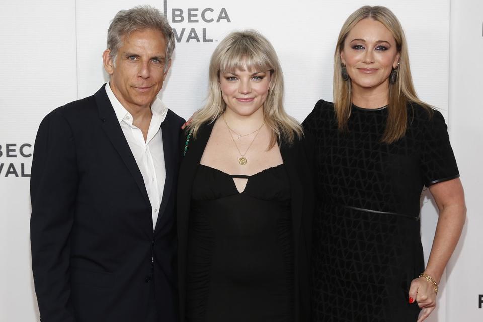 <p>Rob Kim/Getty Images for Tribeca Festival)</p> Ben Stiller, Ella Stiller and Christine Taylor at Tribeca Film Festival