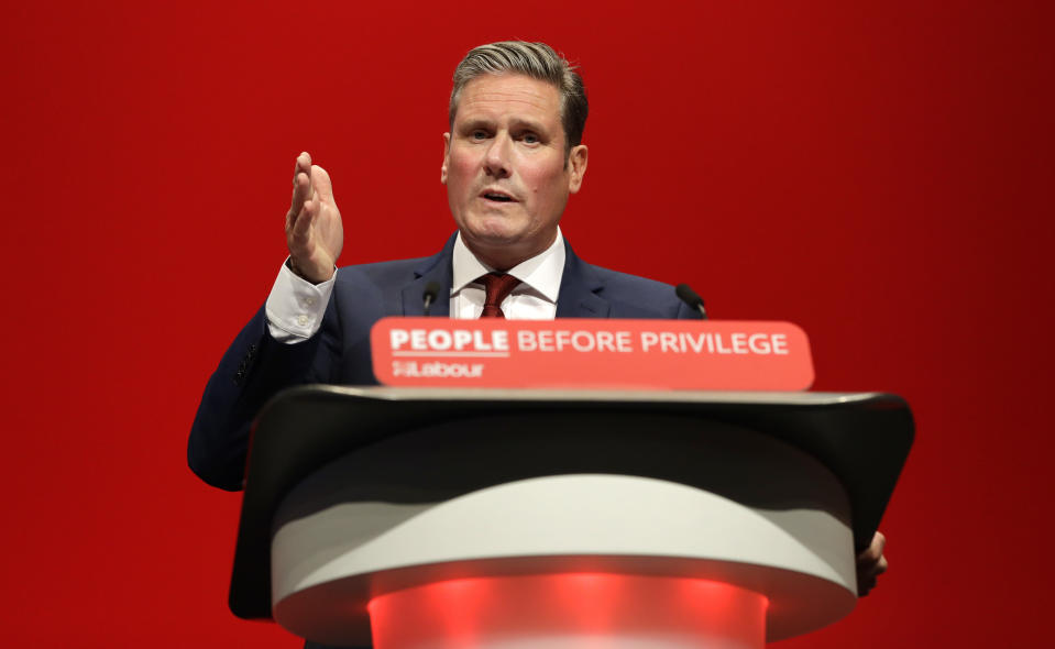 FILE - In this Monday, Sept. 23, 2019 file photo, Britain's Shadow Brexit Secretary Keir Starmer speaks on stage during the Labour Party Conference at the Brighton Centre in Brighton, England. On Friday, Nov. 8, 2019, The Associated Press reported on an altered video circulating online incorrectly asserting Starmer was too stumped to answer a question about the EU deal. The footage was intentionally altered and posted by British Prime Minister Boris Johnson’s Conservatives onto social media on Nov. 5. (AP Photo/Kirsty Wigglesworth)