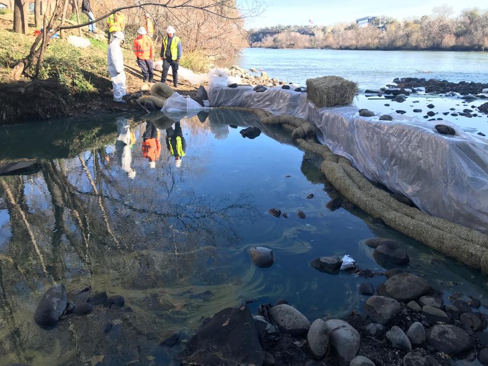 Under the Cypress Avenue bridge, straw tubes and hay were put down to try and absorb spilled fuel that made it into Calaboose Creek and keep it from entering the Sacramento River on Friday morning Jan. 21, 2022.