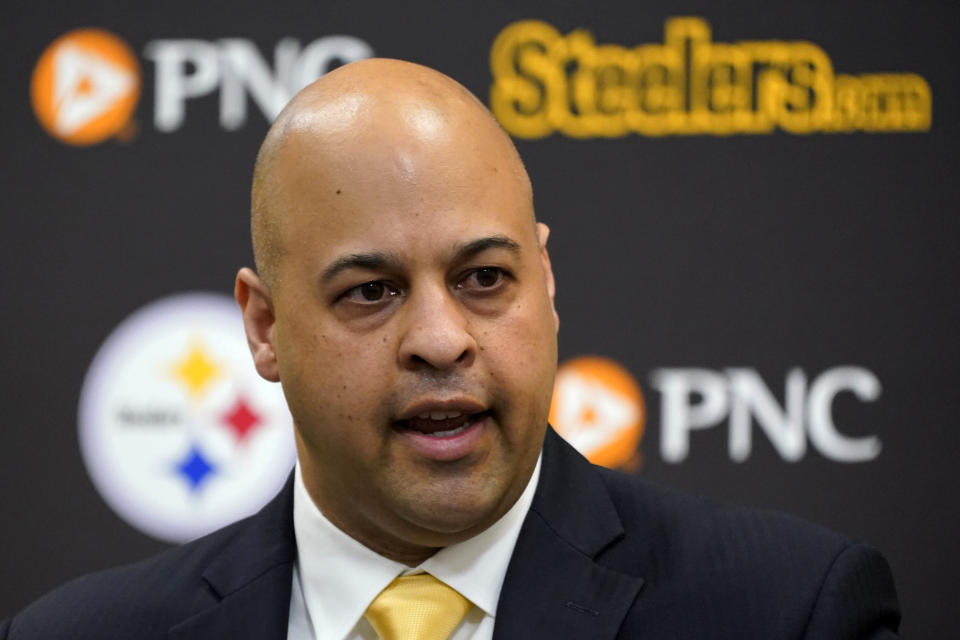 Omar Khan, the new general manager of the Pittsburgh Steelers, meets with reporters at the NFL football team's training facility in Pittsburgh, Friday, May 27, 2022. (AP Photo/Gene J. Puskar)