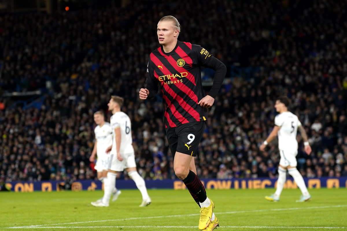 Manchester City’s Erling Haaland celebrates against Leeds (Tim Goode/PA). (PA Wire)