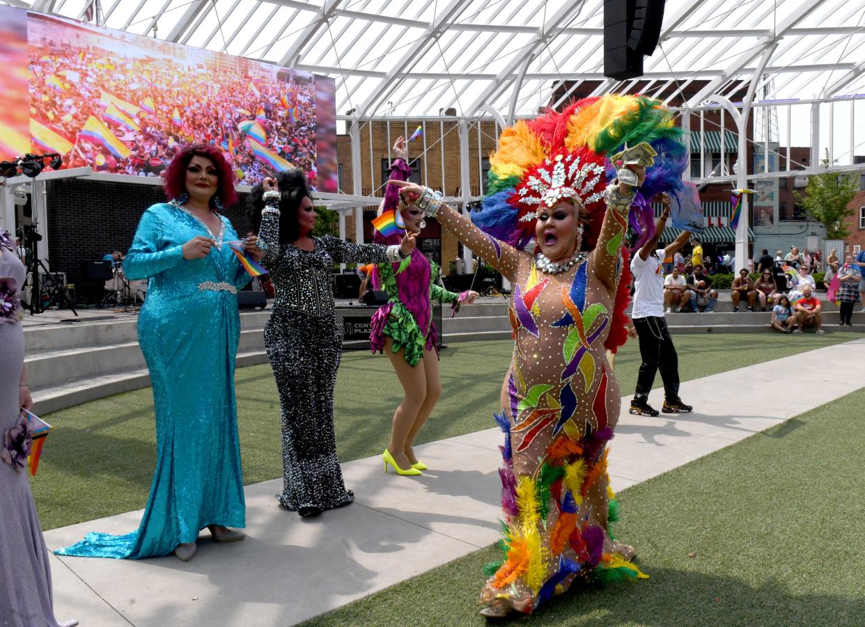 Drag performer Danyel Vasquez entertains a crowd at the 2023 Stark Pride festival in downtown Canton. The event will be 7 a.m. to 10 p.m. June 8 at Centennial Plaza.