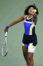 Naomi Osaka, of Japan, serves to Shelby Rogers, of the United States, during the quarterfinal round of the US Open tennis championships, Tuesday, Sept. 8, 2020, in New York. (AP Photo/Frank Franklin II)