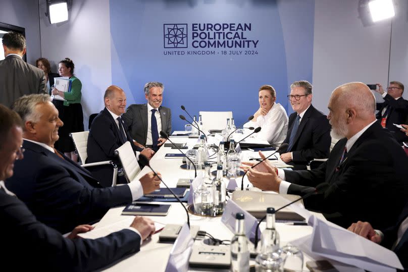 Albania's PM Edi Rama, British PM Keir Starmer, Denmark's PM Mette Frederiksen, Dutch PM Dick Schoof, German Chancellor Olaf Scholz and Hungary's PM Viktor Orban