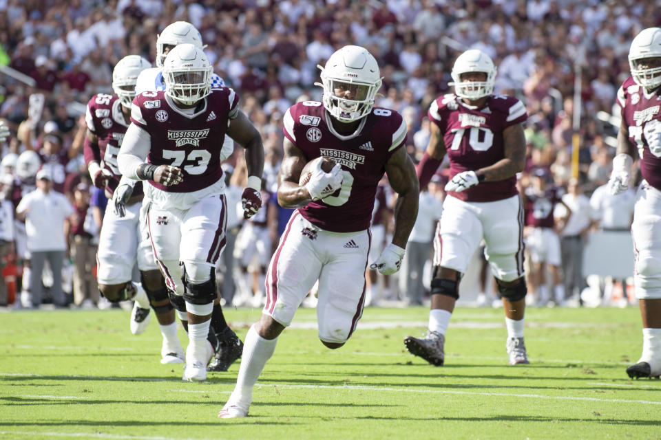 Mississippi State running back Kylin Hill has rushed for 1,347 yards and 10 TDs this year. (Photo by Michael Chang/Getty Images)