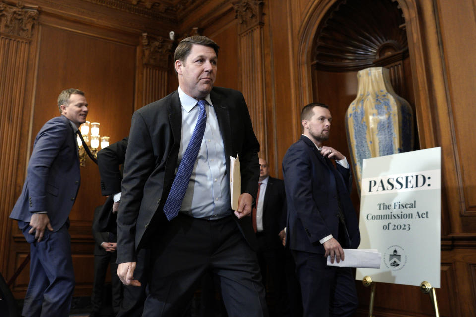 Rep. Jodey Arrington , R-Texas, arrives for a news conference following the markup of H.R. 5779, the Fiscal Commission Act of 2023, on Capitol Hill Thursday, Jan. 18, 2024, in Washington. (AP Photo/Yuri Gripas)