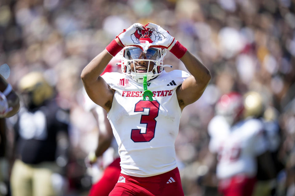 Fresno State wide receiver Erik Brooks (3) celebrates after scoring a touchdown against Purdue during the first half of an NCAA college football game in West Lafayette, Ind., Saturday, Sept. 2, 2023. (AP Photo/AJ Mast)