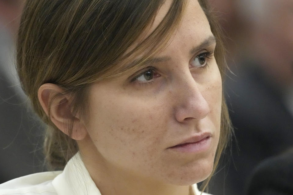 Kouri Richins, a Utah mother of three who authorities say fatally poisoned her husband then wrote a children's book about grieving, looks on during a bail hearing Monday, June 12, 2023, in Park City, Utah. A judge ruled to keep her in custody for the duration of her trial. (AP Photo/Rick Bowmer, Pool)