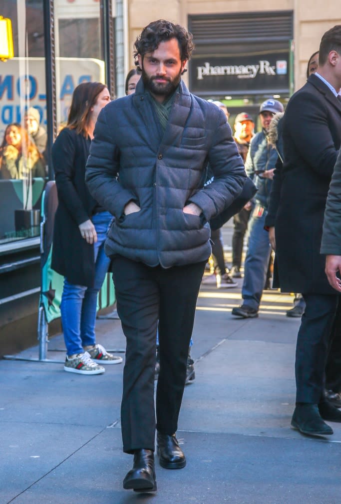 The actor dresses in a puffer coat, scarf, black pants and black leather boots in NYC in 2020. - Credit: MEGA