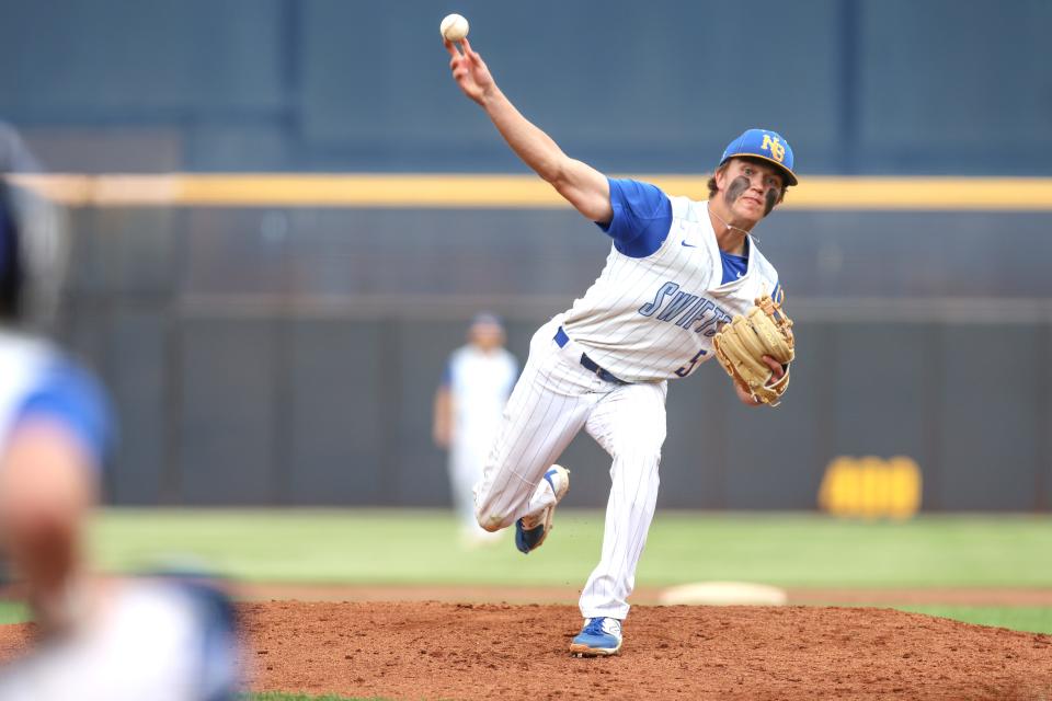 Nazareth’s Carson Heiman (5) pitches the ball in a 1A Regional Semifinals game against Claude, May 18, 2023, at Hodgetown, in Amarillo, Texas.  Nazareth won 8-4.