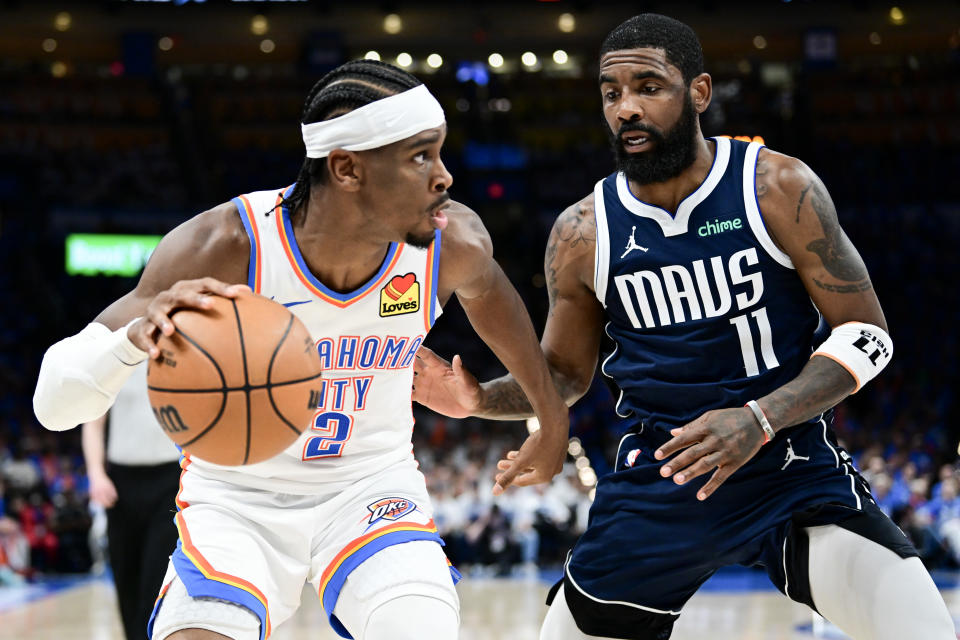 Shai Gilgeous-Alexander led the Thunder to a Game 1 victory over Kyrie Irving and the Mavericks.  (Joshua Gately/Getty Images)
