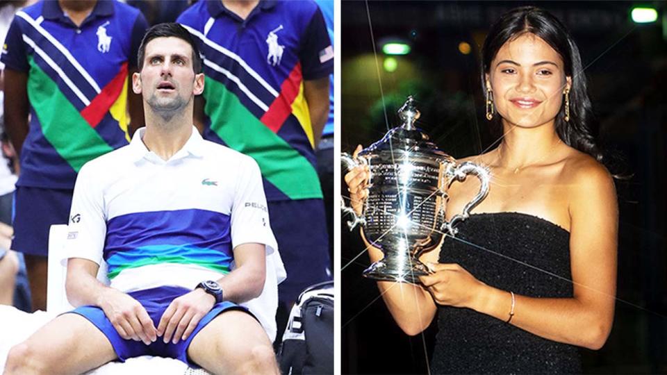 Emma Raducanu (pictured) holding her US Open final trophy and (pictured left) Novak Djokovic disappointed.