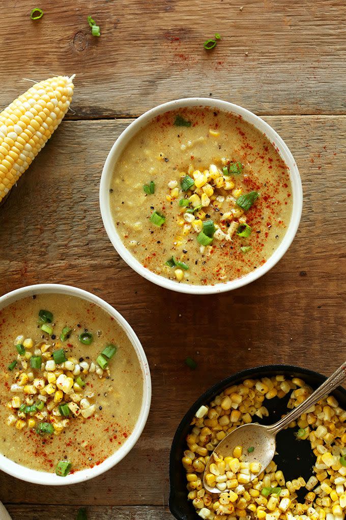 <p>Lighter than a chowder, this silky-smooth soup is so much easier on your teeth than eating corn off the cob.<br></p><p><a class="link " href="https://minimalistbaker.com/simple-summer-corn-soup/" rel="nofollow noopener" target="_blank" data-ylk="slk:GET THE RECIPE;elm:context_link;itc:0;sec:content-canvas">GET THE RECIPE</a></p><p><em>Per </em><em>serving</em><em>: 220 calories, 11 g fat (1 g saturated), 26 g carbs, 5 g sugar, 412 mg sodium, 4 g fiber, 4 g protein</em></p>