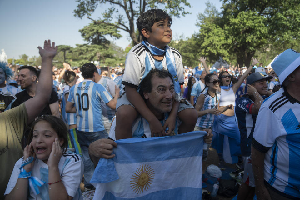 Argentina soccer fans celebrate their team's victory over Croatia in a World Cup semifinal match after watching the game on a giant screen at a park in Buenos Aires, Argentina, Tuesday, Dec. 13, 2022. (AP Photo/Victor R. Caivano)