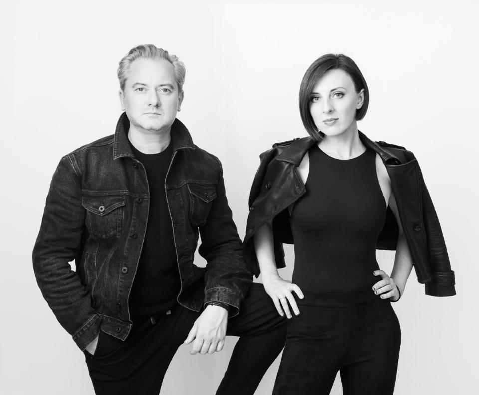 black and white studio shot of spouses Sandro Kereselidze and Tatiana Pastukhova.