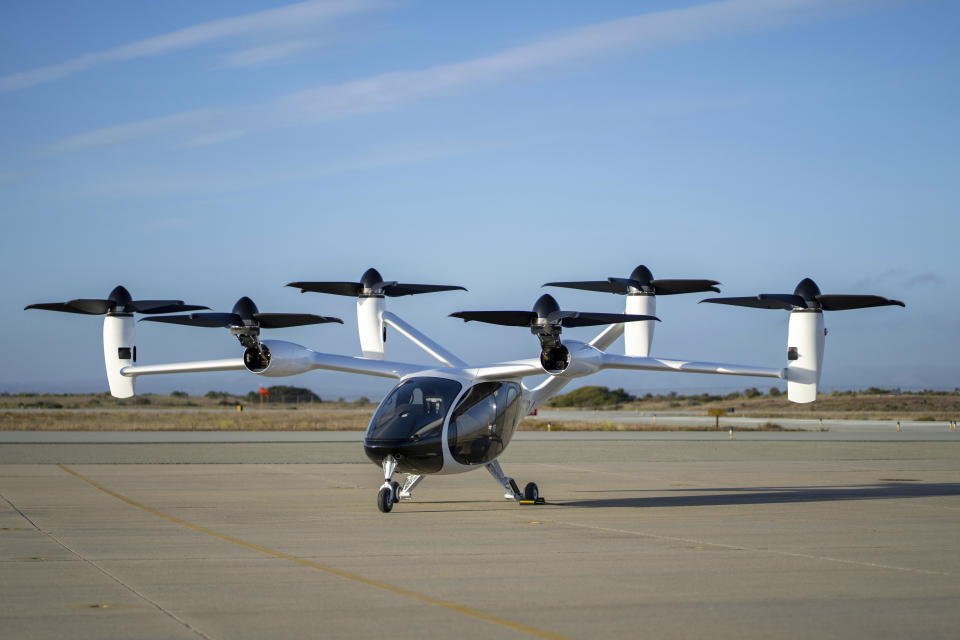 In this 2022 photo provided by Joby Aviation is Joby’s pre-production prototype aircraft at the company’s flight test facility in Marina, Calif. The same Ohio river valley where the Wright brothers pioneered human flight will soon manufacture cutting-edge electric vertical takeoff and landing aircraft. An agreement announced Monday, Sept. 18, 2023, between the state and Joby Aviation Inc. will bring air taxi production to a 140-acre site at Dayton International Airport by 2025. (Eric Adams/Joby Aviation via AP)