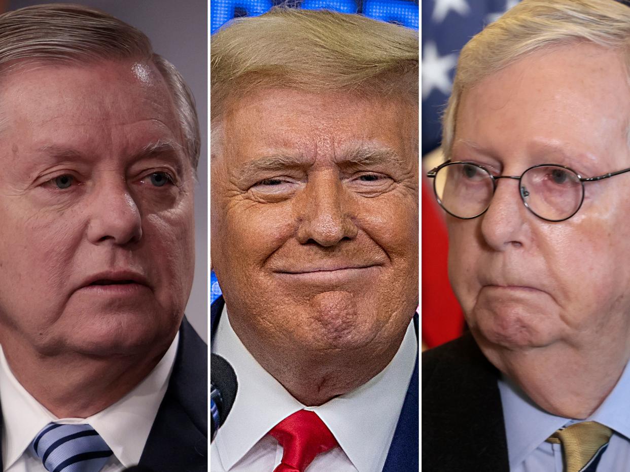 Left to right: Sen. Lindsey Graham, former President Donald Trump and Senate Minority Leader Mitch McConnell
