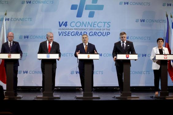 Israeli prime minister Benjamin Netanyahu at a press conference of Visegrad leaders in Budapest in 2017 (AFP/Getty)