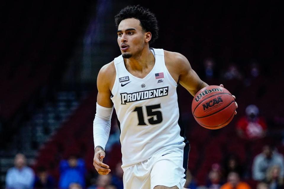 Providence’s Justin Minaya (15) during the second half of an NCAA college basketball game against Virginia Tuesday, Nov. 23, 2021, in Newark, N.J. Virginia won 58-40. (AP Photo/Frank Franklin II)