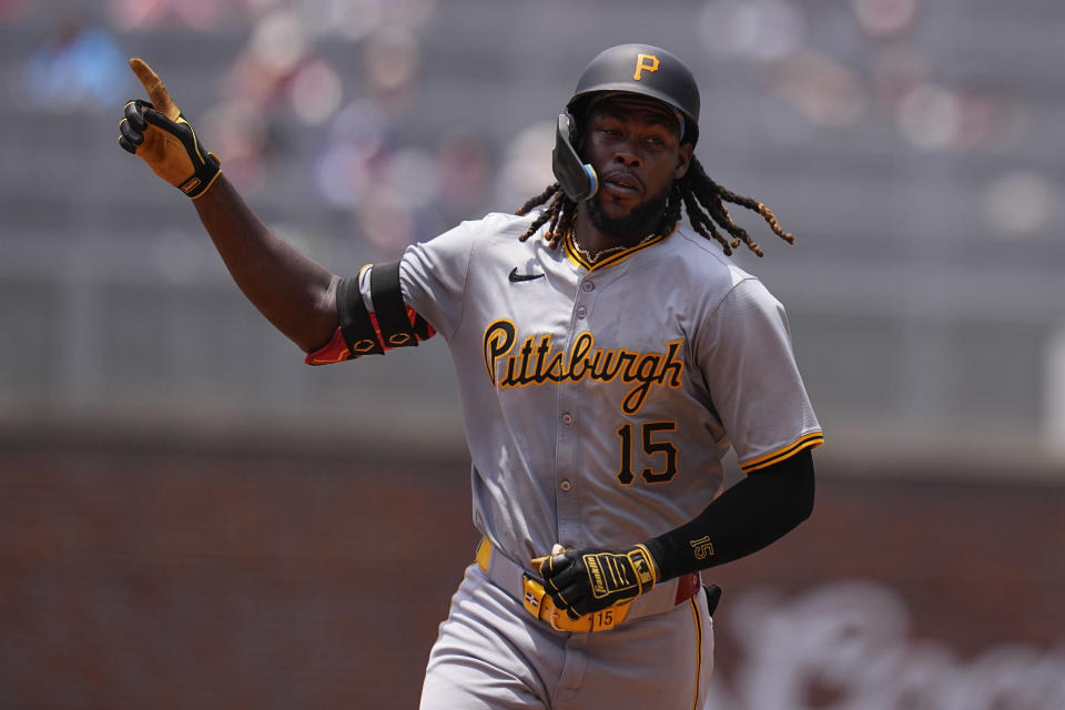 Pittsburgh Pirates' Oneil Cruz (15) rounds second base after hitting a two-run home run in the fifth inning of a baseball game against the Atlanta Braves, Sunday, June 30, 2024, in Atlanta. (AP Photo/Brynn Anderson)