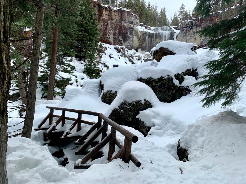 You can snowshoe down to a lower viewpoint at Paulina Falls Newberry Volcanic National Monument in Central Oregon north of La Pine.