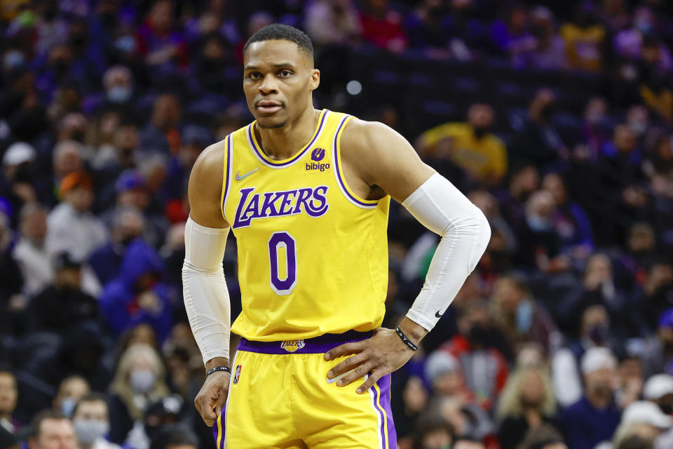 PHILADELPHIA, PENNSYLVANIA - JANUARY 27: Russell Westbrook #0 of the Los Angeles Lakers looks on against the Philadelphia 76ers  at Wells Fargo Center on January 27, 2022 in Philadelphia, Pennsylvania. NOTE TO USER: User expressly acknowledges and agrees that, by downloading and or using this photograph, User is consenting to the terms and conditions of the Getty Images License Agreement. (Photo by Tim Nwachukwu/Getty Images)