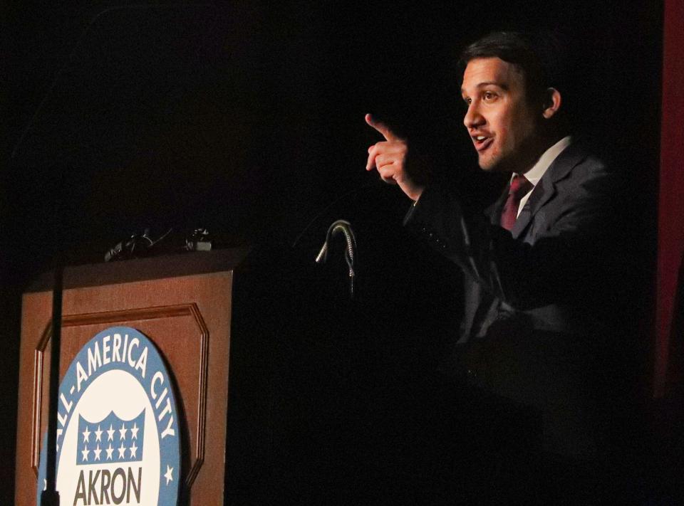 Akron Mayor Shammas Malik gestures Wednesday as he delivers the State of the City address at The Civic Theatre in Akron.