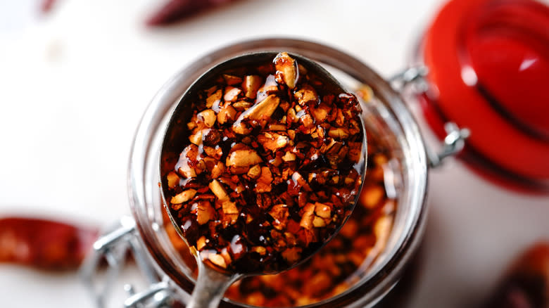 top view of a jar with chili-infused oil