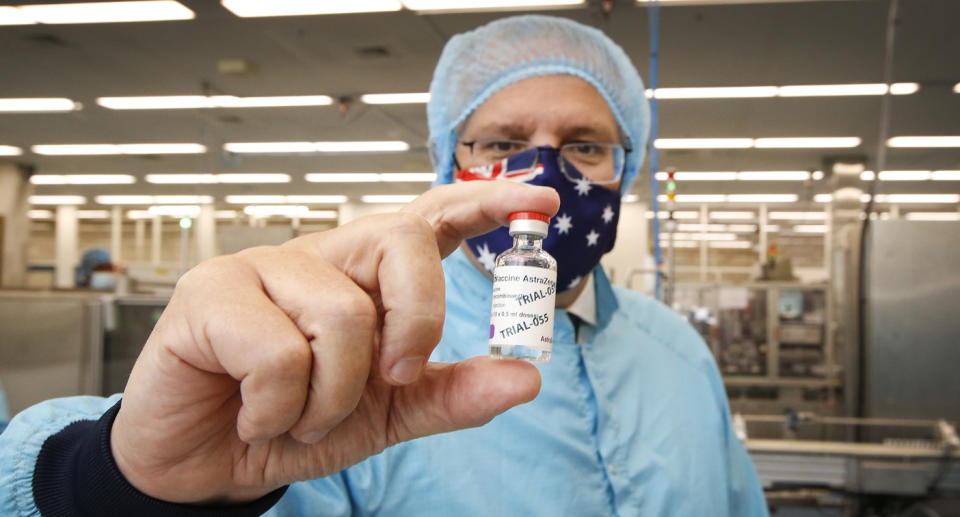 MELBOURNE, AUSTRALIA - FEBRUARY 12: Prime Minister Scott Morrison visits the CSL vaccine manufacturing facility on February 12, 2021 in Australia.