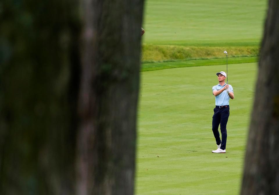 Jun 2, 2022; Dublin, Ohio, USA; Will Zalatoris watches his  third shot on the 11th hole during Round 1 of the Memorial Tournament at Muirfield Village Golf Club in Dublin, Ohio on June 2, 2022. 