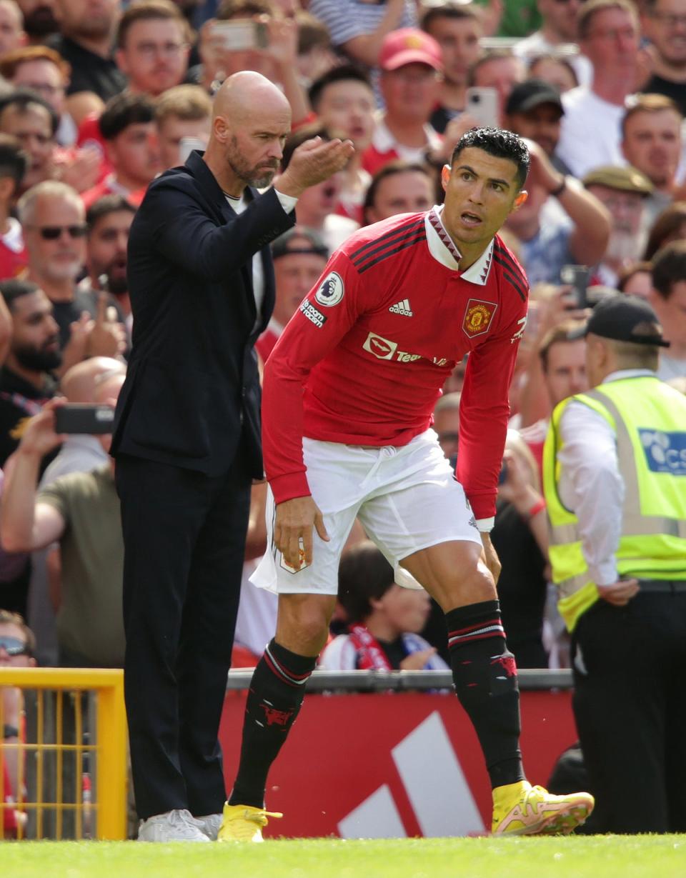 Manchester United manager Erik ten Hag, left, sends on substitute Cristiano Ronaldo (Ian Hodgson/PA) (PA Wire)