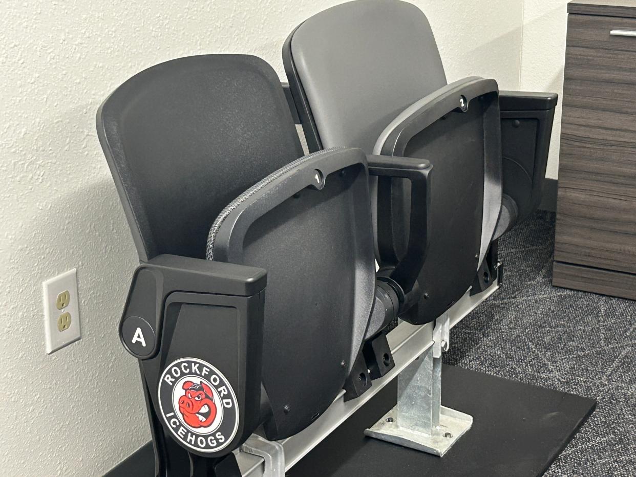 Sample stadium seating, similar to what will be installed in the BMO Center, is seen Monday, April 29, inside the RAVE Board Room in downtown Rockford.