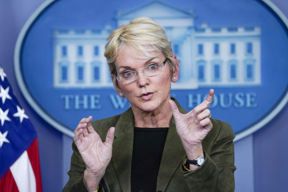 FILE - Energy Secretary Jennifer Granholm speaks during a press briefing at the White House, Nov. 23, 2021, in Washington. The Biden administration is launching a $6 billion effort to rescue nuclear power plants at risk of closing, citing the need to continue nuclear energy as a carbon-free source of power that helps to combat climate change. (AP Photo/Evan Vucci, File)