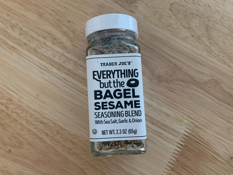 trader joe's everything but the bagel seasoning on wood table