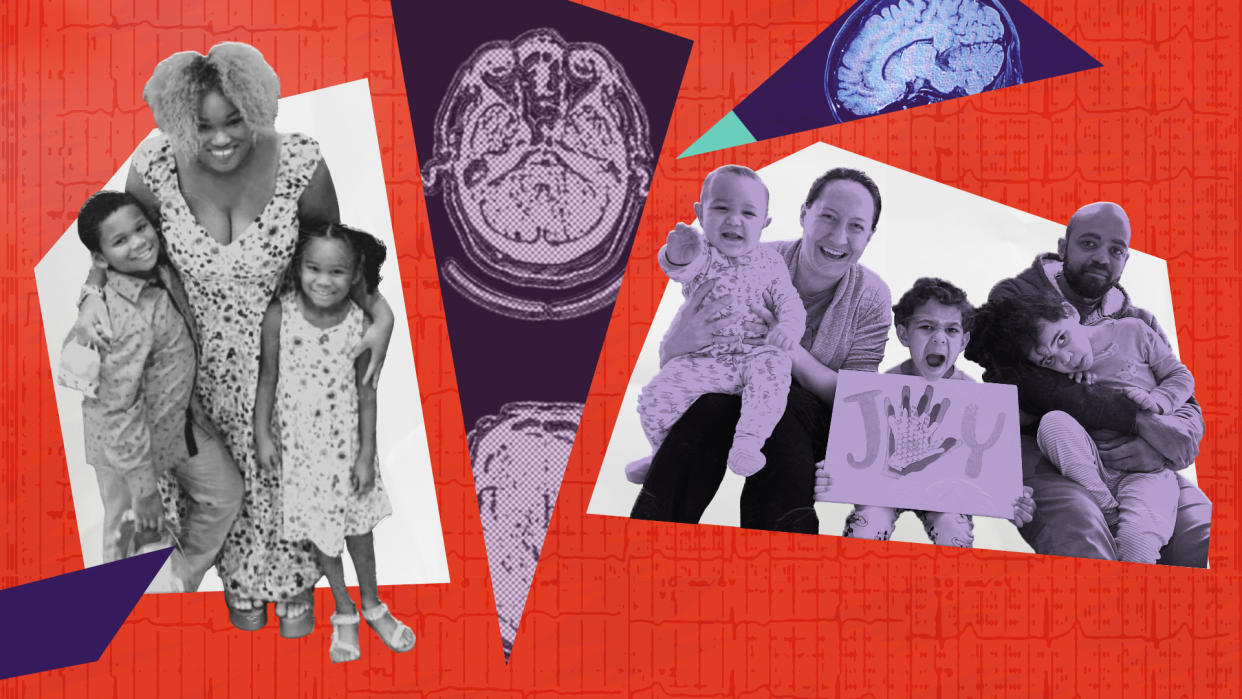 Collage of families dealing with epilepsy, along with brain images on a red background