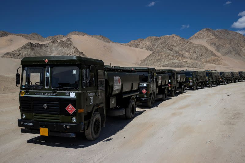 Military trucks carrying supplies move towards forward areas in the Ladakh region