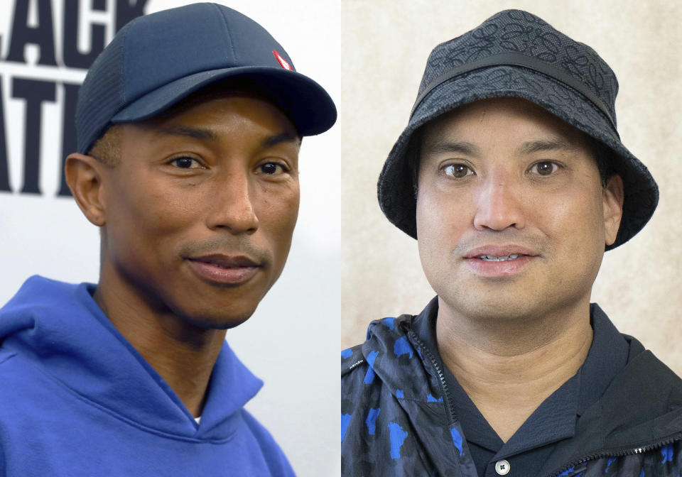 Pharrell Williams asiste al estreno mundial de "The Black Godfather" en Paramount Studios el 3 de junio de 2019 en Los Ángeles, izquierda, y Chad Hugo posa en Nueva York el 22 de mayo de 2022. Hugo y Williams, del equipo de producción musical The Neptunes, serán incorporados al Salón de la Fama de los Compositores. (Foto AP/Gary G. Hamilton)