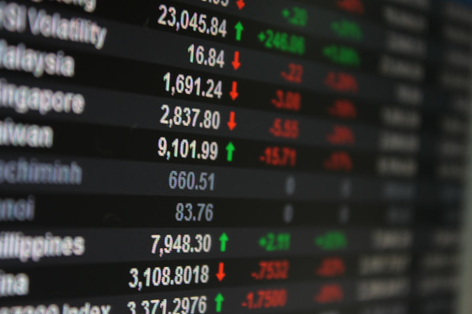 Asian stock market index data on an LED display