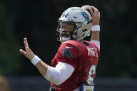 FILE - Carolina Panthers' Baker Mayfield practices during the NFL football team's training camp at Wofford College in Spartanburg, S.C., Wednesday, Aug. 3, 2022. Two weeks into training camp and the battle for the Carolina Panthers starting quarterback remains undecided with Baker Mayfield and Sam Darnold competing for the job. (AP Photo/Chris Carlson, File)