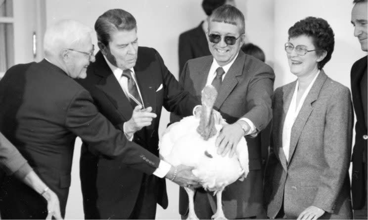 President Ronald Reagan and the annual pardoning of the Thanksgiving turkey on Nov. 21, 1988 in Washington. (Photo: NY Daily News via Getty Images)