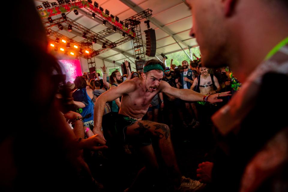 Fans of Knocked Loose, form a mosh pit during their performance at Bonnaroo  in Manchester, Tenn., Friday, June 16, 2023.