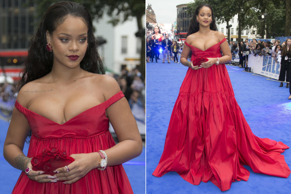 <p>Der wahre Star der London-Premiere allerdings war ganz klar Rihanna, genauer gesagt, das Quetsch-Dekolleté, das sie in ihrem glamourösen Dress – erneut von Giambattista Valli – vor sich hertrug. (Bilder: AP) </p>