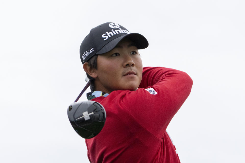 S.H. Kim hits his tee shot on the third hole during the third round of the AT&T Pebble Beach Pro-Am golf tournament at Pebble Beach Golf Links. Mandatory Credit: Kyle Terada-USA TODAY Sports
