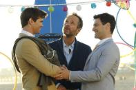 <p>NBC's <em>The New Normal</em>, created by Ryan Murphy and Ali Adler, was the first sitcom on a broadcast network to be completely based on the storyline of a same-sex couple. The plot follows David and Bryan, played by Justin Bartha and Andrew Rannells, as they invite their surrogate to move in with them—along with her 9 year-old daughter. In the series finale, "The Big Day," the two wed after the birth of their child.</p>