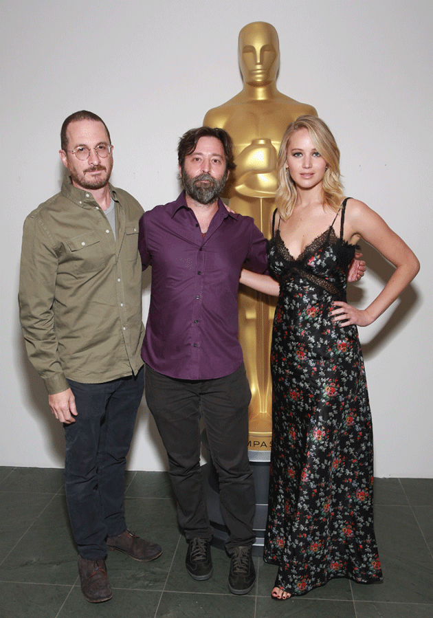 Director Darren Aronofsky (left), producer Ari Handel (centre) and actress Jennifer Lawrence (right) attend an official Academy screening of MOTHER! hosted by The Academy of Motion Picture Arts & Sciences at MOMA Source: Getty Images